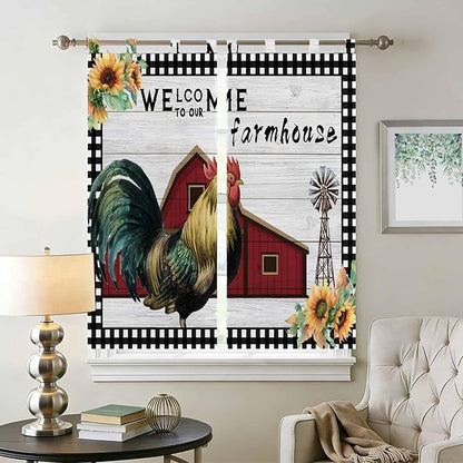 Farmhouse Rooster Bathroom Curtains 63 Inch Length, Window Curtains Tab Top, Rustic Red Barn Windmill Sunflowers Light Filtering Window Treatments Drapes 52"x63" 2 Panel