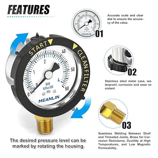 MEANLIN MEASURE 0~60Psi Stainless Steel Start and Clean Filter Pressure Gauge 1/4" NPT Waterproof for Pool Filter Pump Swimming Pool, Spa Lower Mount with Rotatable Plastic Frame and Hex Bushing