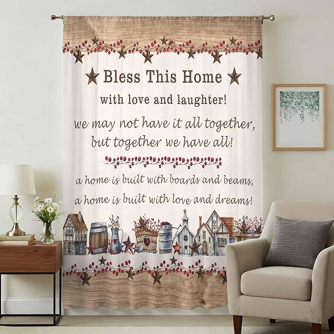 Farmhouse Sheer Curtains 72 Inch Length Country Star Barn Berry Brown Wood Plank Chiffon Curtain for Bedroom Living Room Light Filtering Rod Pocket Window Treatments Voile Curtains Drapes for Dining