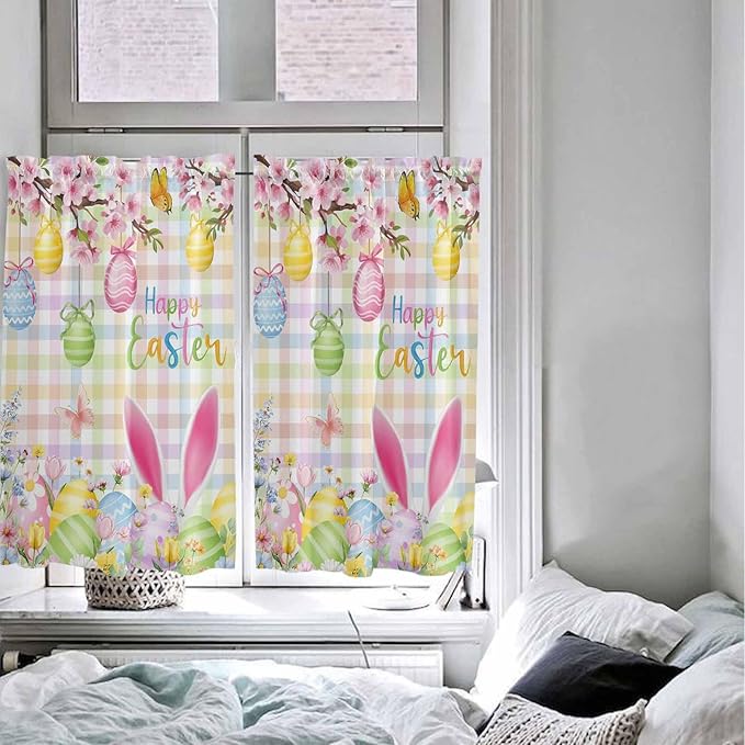 Happy Easter Kitchen Curtains 54 Inches Length, Spring Bunny Colorful Eggs Flower Plaid Window Treatment Curtain Drapes, Decorative Window Curtains for Bedroom Cafe, 52"x54", 2 Panels