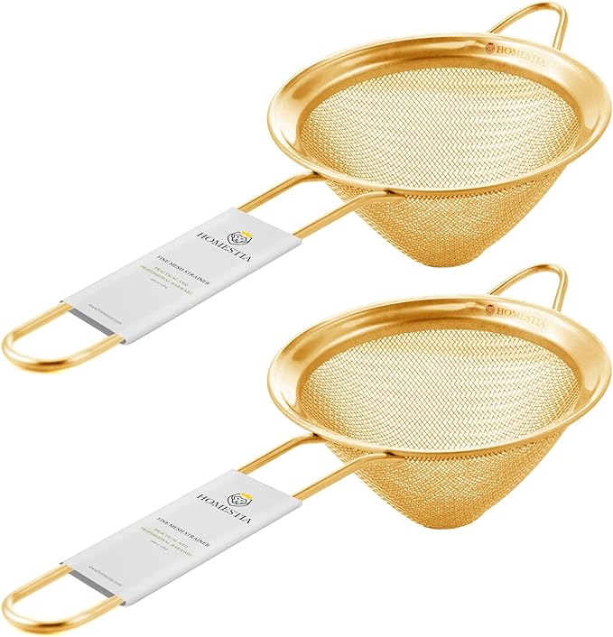 Homestia Fine Mesh Strainer for Kitchen, 304 Stainless Steel Cocktail Sieve Sifters for Food, Liquid Strainer for Drinks, Tea, Coffee, Juice, Flour, Spice, Fruits, Vegetables (Gold, 2 Pieces)