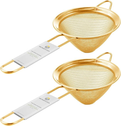 Homestia Fine Mesh Strainer for Kitchen, 304 Stainless Steel Cocktail Sieve Sifters for Food, Liquid Strainer for Drinks, Tea, Coffee, Juice, Flour, Spice, Fruits, Vegetables (Gold, 2 Pieces)