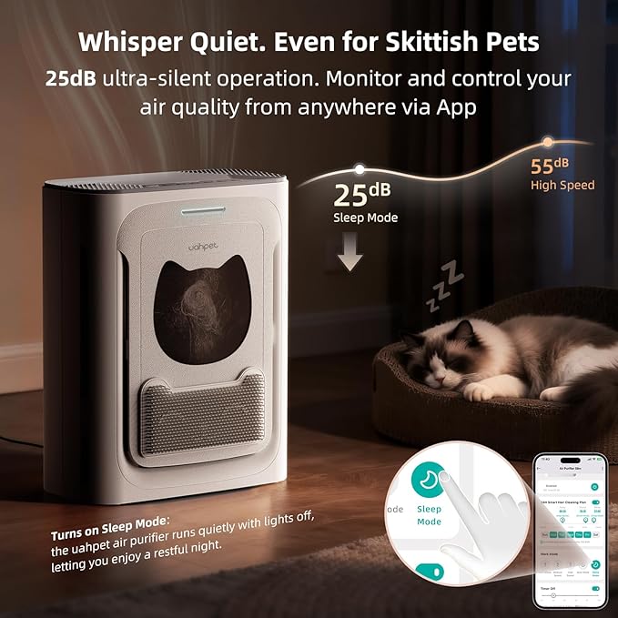 uahpet Pet Air Purifier for Home, Reduce Pet Hair, Dander, Odors, Dust, Smoke for Large Rooms up to 2100 Ft², Air Cleaner with H13 HEPA, Washable Pre-Filter & Air Quality Monitor, White+Gray