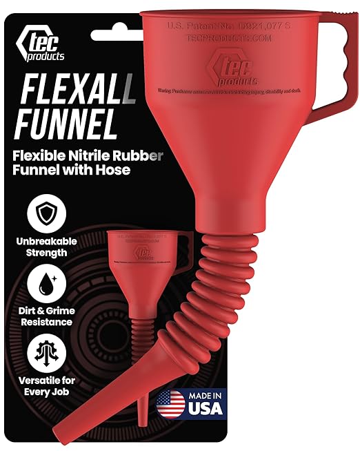 TEC Products FlexAll Long Flexible Funnels - Automotive Oil Funnel with Hose, Durable Nitrile Rubber for Oil Change, Transmission Funnel Fluid, Diesel, Fuel, Gas - Made in USA - Red (12 x 4 Inches)
