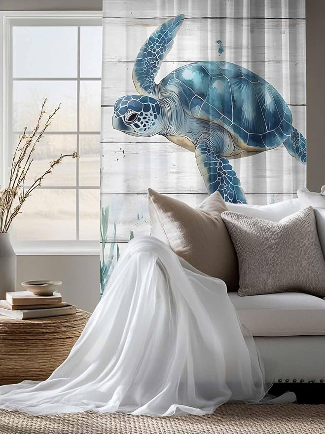 Sheer Curtains 63 Inch Length, Teal Green Ocean Turtle Semi Sheer Curtains Light Filtering Window Treatment, Coastal Seaweed Wood Grain Privacy Voile Drapes for Living Room Bedroom 52x63 Inch