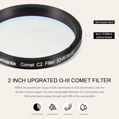 Astromania Telescope Filter 2 Inch Upgrated O-III Comet Filter Narrowband for Telescope, 99% High Transmission - Light Pollution Reduction for Astrophotography, Fit 2 Inch Telescope Accessory