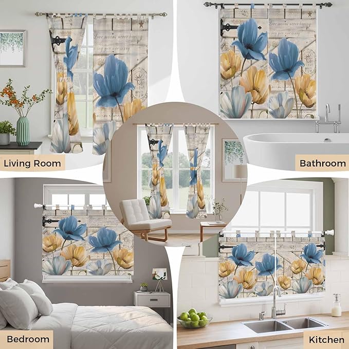 Blue Yellow Tulips Bedroom Curtains 63 Inch Length, Window Curtains Tab Top, Retro Farmhouse Flower Barn Doors Wooden Light Filtering Window Treatments Drapes 42"x63" 2 Panel