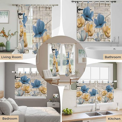 Blue Yellow Tulips Bedroom Curtains 63 Inch Length, Window Curtains Tab Top, Retro Farmhouse Flower Barn Doors Wooden Light Filtering Window Treatments Drapes 42"x63" 2 Panel