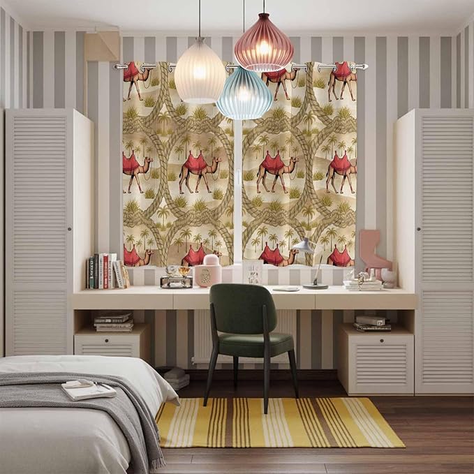 2 Panel Kitchen Cafe Curtains, Desert Camels Sunlight Filtering Nature Air Through, Home Decor Window Covering Tier Curtains for Living Room 104W x 84L inch Tropical Palm Trees Sand Cords Brown