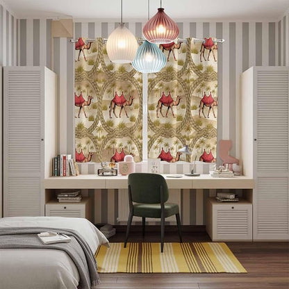 2 Panel Kitchen Cafe Curtains, Desert Camels Sunlight Filtering Nature Air Through, Home Decor Window Covering Tier Curtains for Living Room 104W x 84L inch Tropical Palm Trees Sand Cords Brown