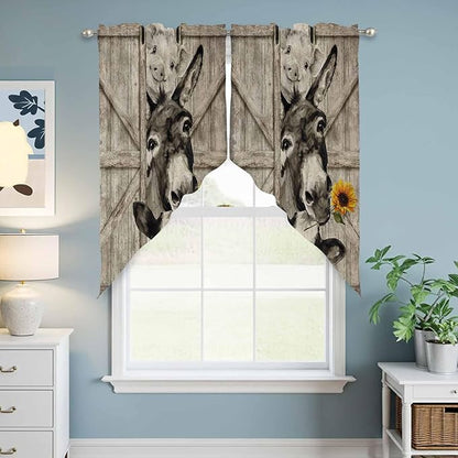 Funny Farm Animals Swag Valances for Windows, Vintage Barn Brown Sunflowers Rod Pocket Kitchen Curtains Valance, Small Window Curtains Swag for Cafe Bathroom Living Room, 2 Panels, 28x36 inch
