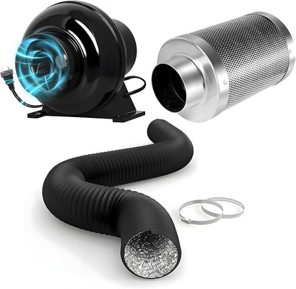 HealSmart 4 Inch 195 CFM Inline Duct Fan Vent Booster Blower, 4" Air Carbon Filter and 4 Inch 8FT PVC Ducting for Grow Tent, Greenhouse, Basement, Quiet