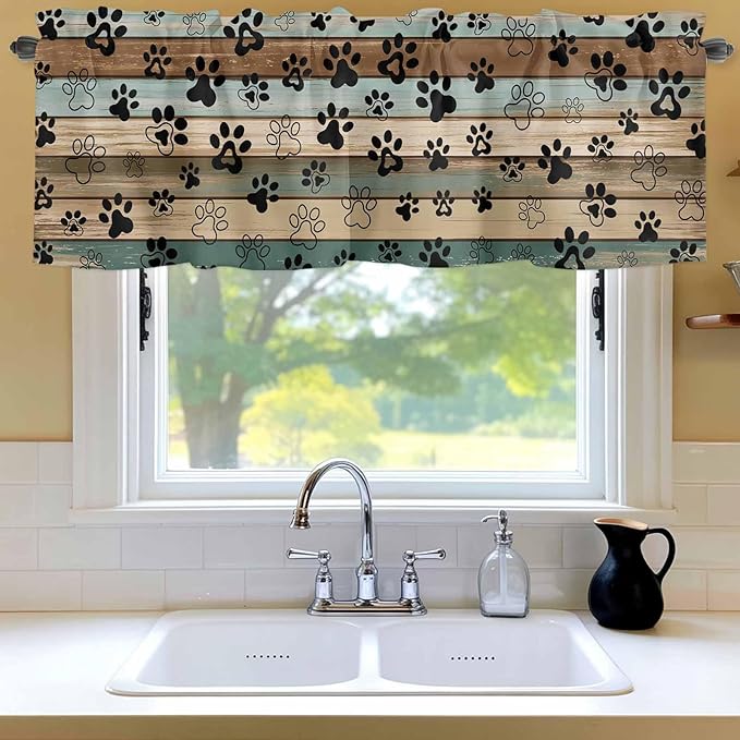 Dog Paws Valances for Windows, Teal Brown Wood Grain Kitchen Valance Light Filtering Rod Pocket Short Curtains for Kitchen Bathroom, 1 Panel, 54"x18"