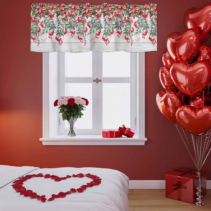 Poinsettia Berry Valance Curtains for Kitchen, Red Floral Winter Plants Vintage Wood Grain Privacy Rod Pocket Valance Curtain, Light-Filtering Window Treatment for Bedroom Bathroom, 54"x18"