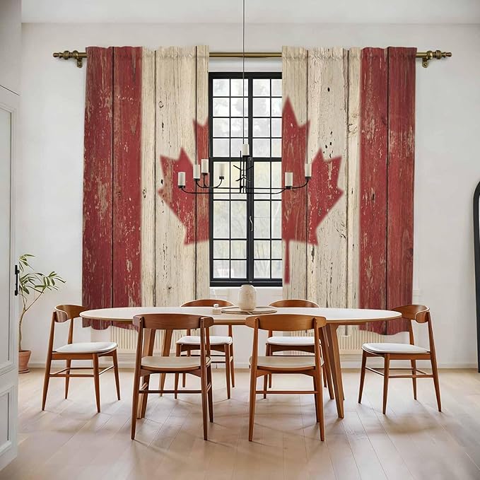 Canada Kitchen Curtains, Red Maple Leaf Flag Vintage Farmhouse Wooden Grain Light Filtering Window Curtain Panels, 2Pcs Rod Pocket Window Treatments Set for Living Room Bathroom Bedroom 52x72 Inches