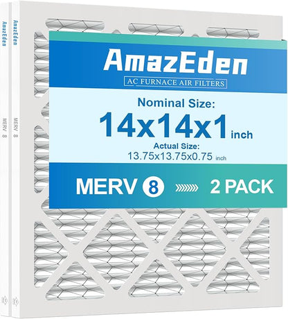 14x14x1 Air Filter 2 Pack (MERV 8) AC Furnace Air Filters 14x14 Pleated Dust Defense Air Conditioner Replacement Filters Home Office MPR 600 FPR 5 (Actual Size: 13.75x13.75x0.75 Inches)