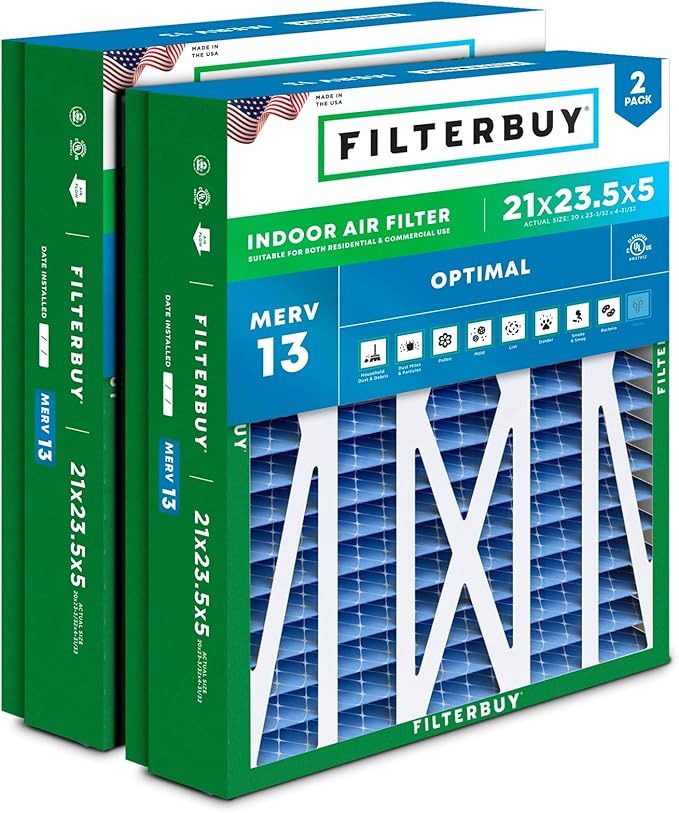 Filterbuy 21x23.5x5 Air Filter MERV 13 Optimal Smoke & Allergy Defense (2-Pack), Pleated HVAC AC Furnace Filters for Trane Perfect Fit & American Standard (Actual Size: 20.00 x 23.09 x 4.97)
