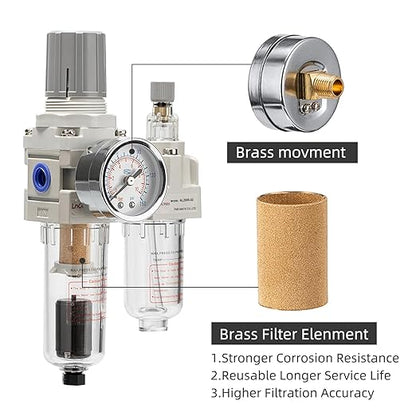Air Pressure Regulator with Pressure Gauge(0-150PSI),Water Separator for Air Compressor Auto Drain 1/4 NPT Threaded Interface