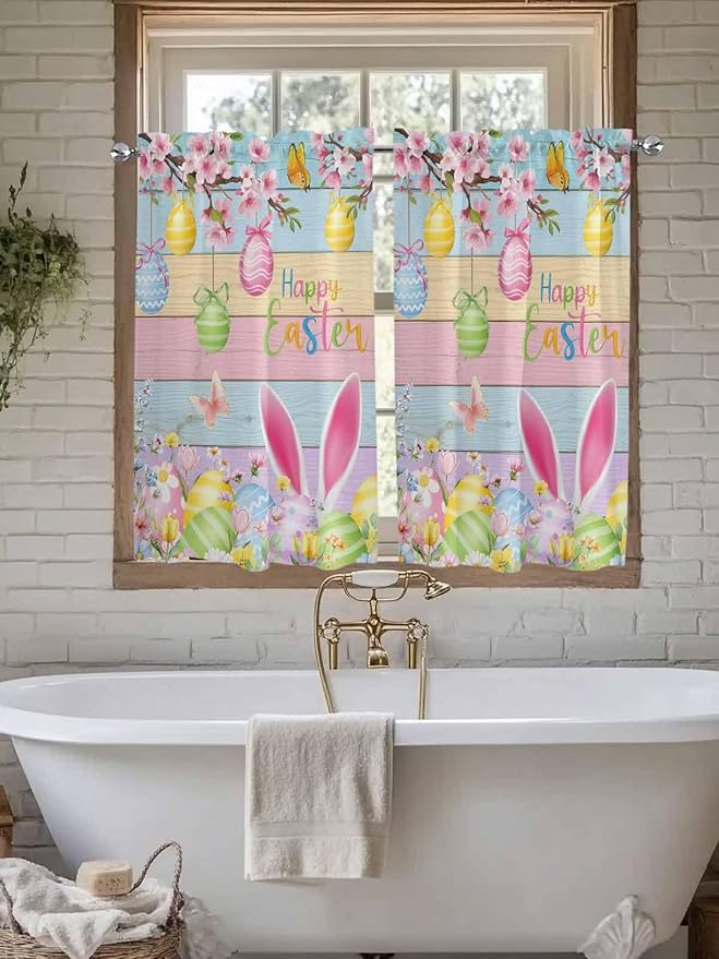 Colorful Easter Kitchen Curtains 54 Inches length, Spring Watercolor Bunny Egg Flower Wood Grain Window Treatment Curtain Drapes, Decorative Window Curtains for Bedroom Cafe, 52"x54", 2 Panels