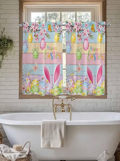 Colorful Easter Kitchen Curtains 54 Inches length, Spring Watercolor Bunny Egg Flower Wood Grain Window Treatment Curtain Drapes, Decorative Window Curtains for Bedroom Cafe, 52"x54", 2 Panels