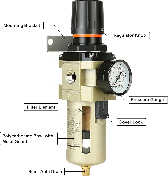 Hromee 1/2 Inch Compressed Filter Regulator Combo, Air Compressor Water Oil Trap Separator with Pressure Gauge, Semi-Auto Drain and Bracket