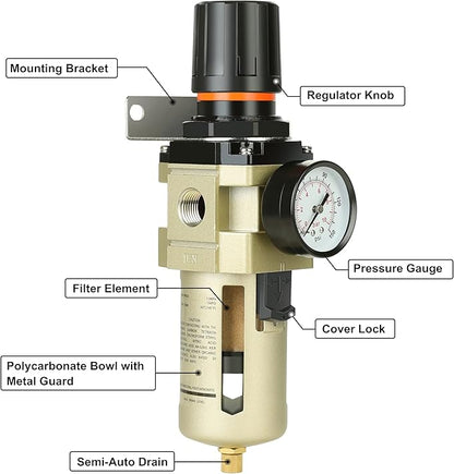 Hromee 1/2 Inch Compressed Filter Regulator Combo, Air Compressor Water Oil Trap Separator with Pressure Gauge, Semi-Auto Drain and Bracket