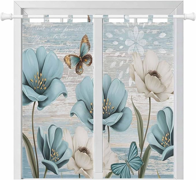 Spring Floral Bathroom Curtains 63 Inch Length, Window Curtains Tab Top, Vintage Tulips Flower Butterfly Retro Wood Blue Light Filtering Window Treatments Drapes 52"x63" 2 Panel