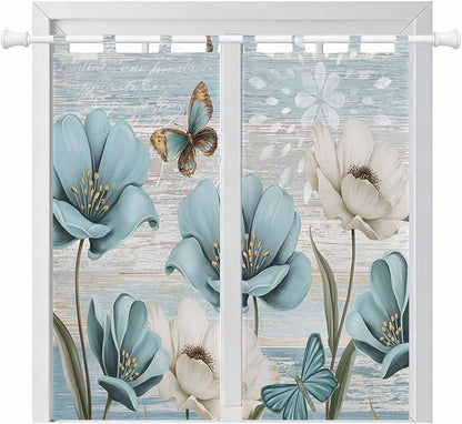 Spring Floral Living Room Curtains 84 Inch Length, Window Curtains Tab Top, Vintage Tulips Flower Butterfly Retro Wood Blue Light Filtering Window Treatments Drapes 42"x84" 2 Panel