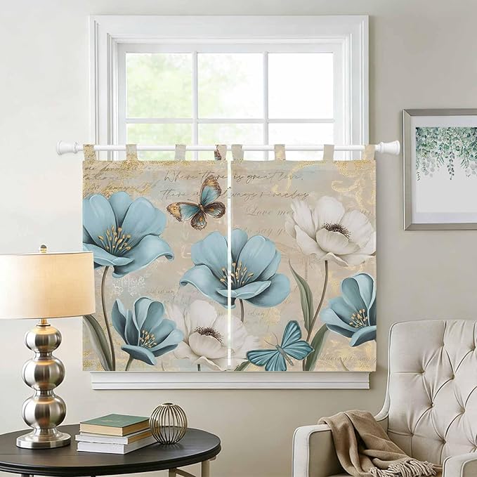 Spring Flowers Kitchen Curtains 45 Inch Length, Short Cafe Window Curtains Tab Top, Vintage Rustic Tulips Floral Butterfly Khaki Light Filtering Window Treatments Tier Drapes 27.5"x45" 2 Panel
