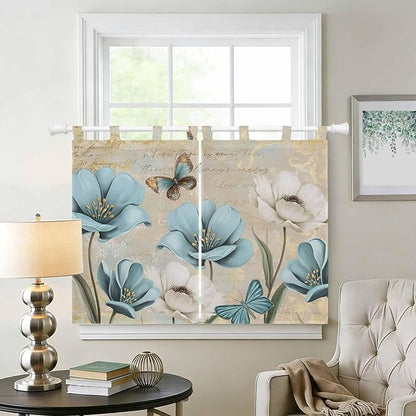 Spring Flowers Kitchen Curtains 45 Inch Length, Short Cafe Window Curtains Tab Top, Vintage Rustic Tulips Floral Butterfly Khaki Light Filtering Window Treatments Tier Drapes 27.5"x45" 2 Panel