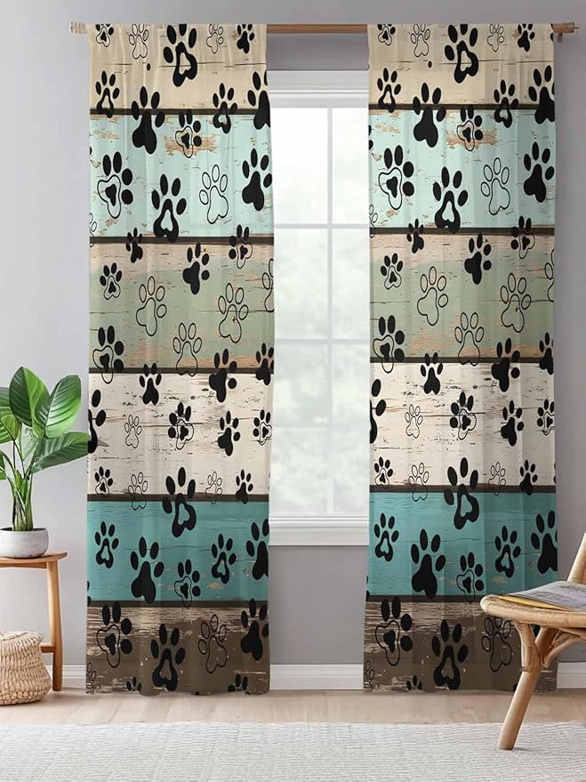 Sheer Curtains 84 Inches Long, Sage Green Brown Paw Prints Semi Sheer Curtains Light Filtering Window Treatment, Vintage Farmhouse Wooden Grain Privacy Voile Drapes for Living Room Bedroom 52x84 Inch