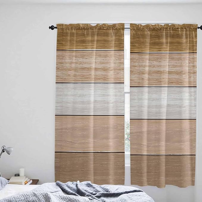 Retro Farm Wood Board Window Valance Curtains, Brown Graduality Striped Light Filtering Kitchen Valance with 3-inch Rod Pocket for Living Room Bathroom Bedroom,2 Panel,52x72In