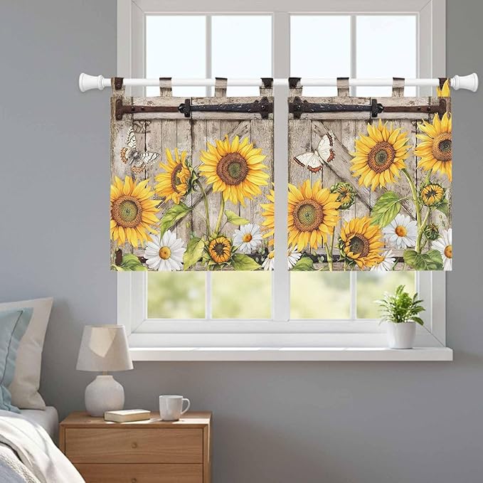 Farmhouse Sunflowers Kitchen Curtains 24 Inch Length, Small Window Curtains Tab Top, Rustic Barn Doors Flowers Butterfly Wooden Light Filtering Short Window Treatments Tier Drapes 27.5"x24" 2 Panel