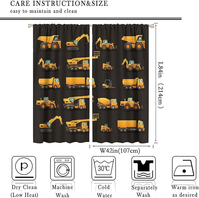Kids Construction Window Curtains, Construction Machinery Equipment Mode of Transport Bulldozer Tractor Windows Curtain for Children Teens Room Decor 84x84in (30% Blackout)
