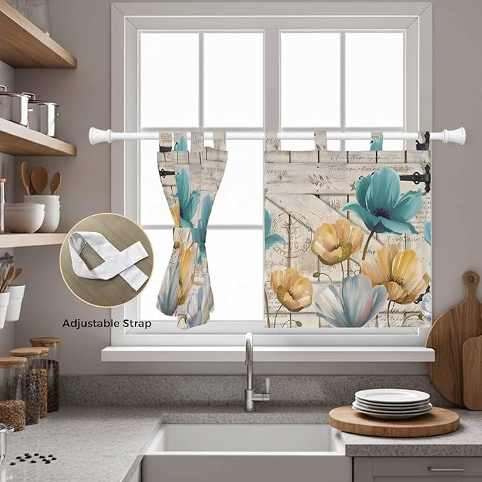 Watercolor Flowers Kitchen Curtains 24 Inch Length, Small Window Curtains Tab Top, Vintage Tulips Floral Barn Doors Wood Grain Light Filtering Short Window Treatments Tier Drapes 27.5"x24" 2 Panel