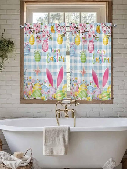 Happy Easter Kitchen Curtains 45 Inches length, Spring Watercolor Bunny Eggs Flower Blue Plaid Window Treatment Curtain Drapes, Lightweight Window Panels for Living Room Bedroom, 52"x45", 2 Panels