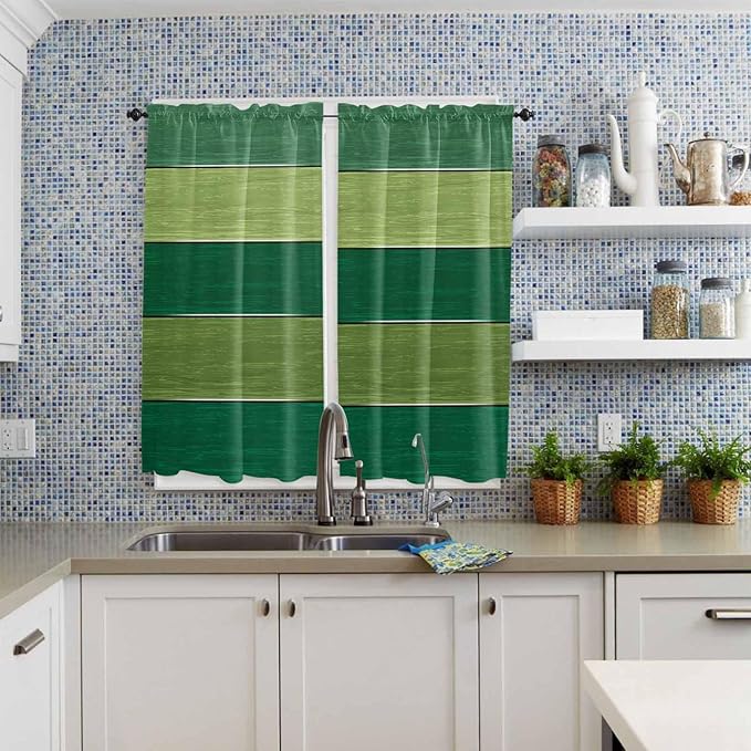 Farm Retro Green Wood Grain Window Valance Curtains, Rustic Wooden Plank Texture Light Filtering Kitchen Valance with 3-inch Rod Pocket for Living Room Bathroom Bedroom,2 Panel,42x63In