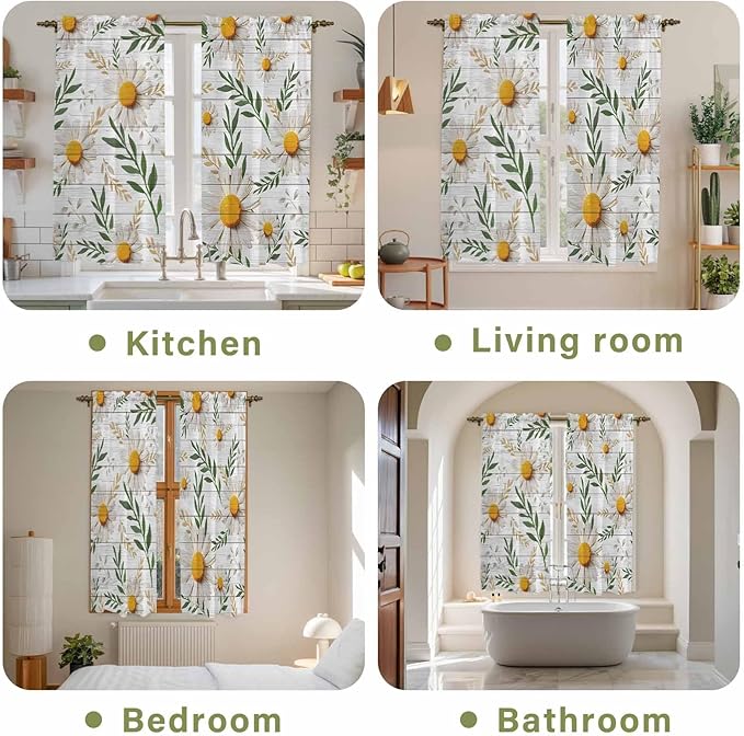 Spring Daisy Kitchen Curtains, Farmhouse Country Flower Leaf Plant Wood Grain Light Filtering Window Curtain Panels, 2Pcs Rod Pocket Window Treatments Set for Living Room Bathroom Bedroom 42x63 Inches