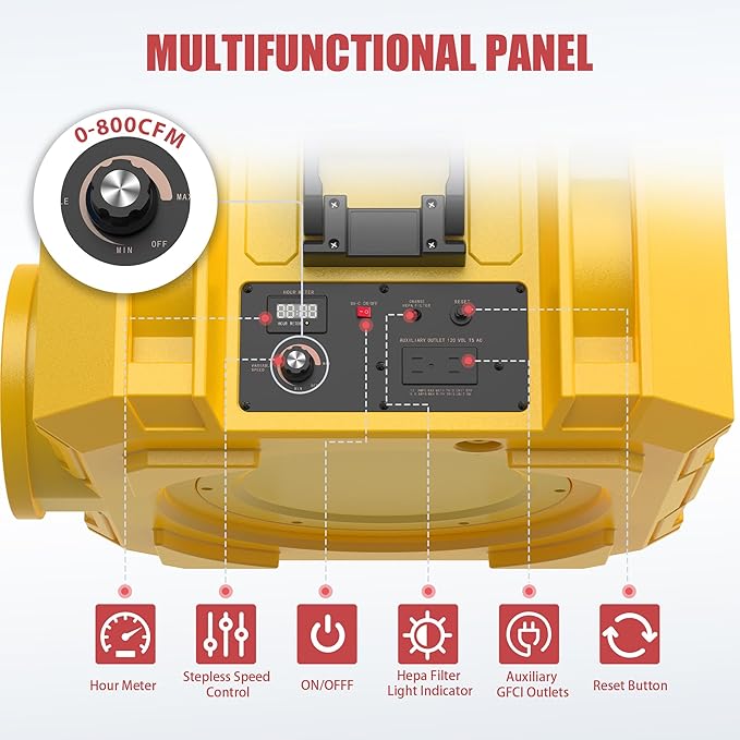 800CFM Hepa Air Scrubber with 3-Stage Filtration, Stackable Negative Air Machine, Commercial Air Purifier with MERV-10/HEPA/Carbon Filters for Water Damage, Construction, Industrial and Home Use
