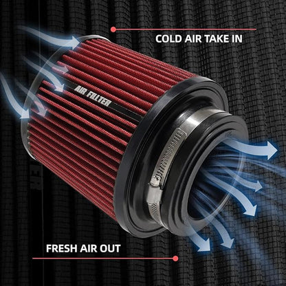 3" 3.5" 4" Inlet Car Replacement Cold Air Intake Filter 76mm 89mm 102mm 3 Sizes in 1 High Flow Performance Cone Air Filter (Red)