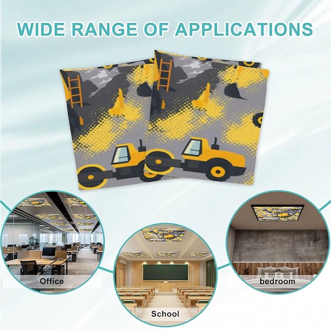 6 Pcs Fluorescent Light Covers for Ceiling Lights Yellow Construction Vehicles Excavators Cranes Trucks Gray Decorative Magnets Light Filters for Office Home Classroom Must Haves 4’ x 2’