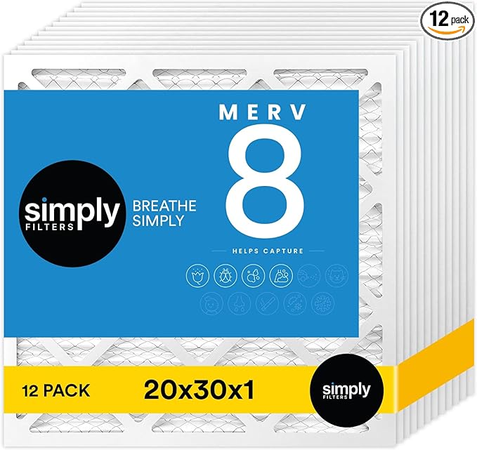Simply 20x30x1 Air Filter, Merv 8, 12 Pack, For Home AC Furnace & HVAC (Actual Size: 19.94"x29.94"x0.75") DUST, Pet, & Allergy Control