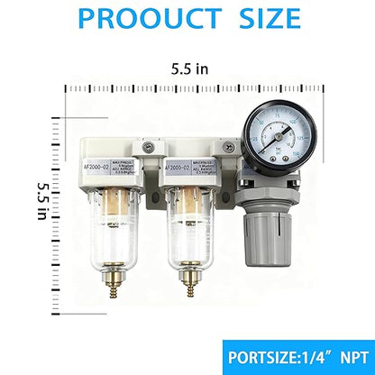 XingNEeng 1/4" NPT Compressed Air Filter Regulator Lubricator (FRL) Combo, Water/Oil Trap Separator, Air Pressure Regulator with Pressure Gauge(0-150 psi), Manual Drain, Poly Bowl, Metal Bracket