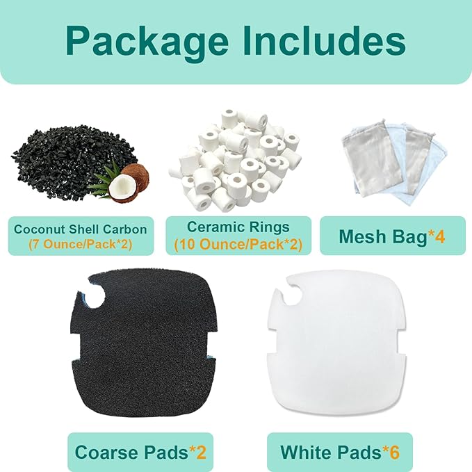 16 Packs Aquarium Filter Media Kit Compatible with MarineLand Magniflow Canister Filters C-360 and 400, Includes Activated Carbons, Ceramic Rings, Sponge Filters and Filter Pads