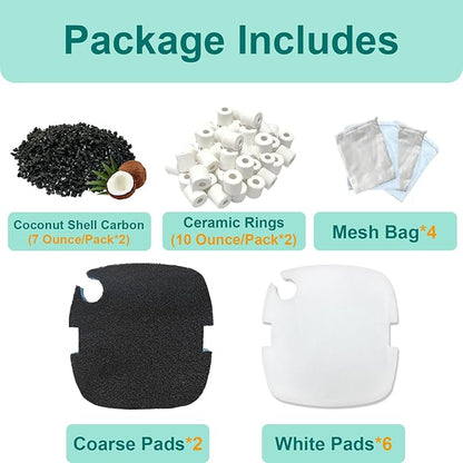 16 Packs Aquarium Filter Media Kit Compatible with MarineLand Magniflow Canister Filters C-360 and 400, Includes Activated Carbons, Ceramic Rings, Sponge Filters and Filter Pads