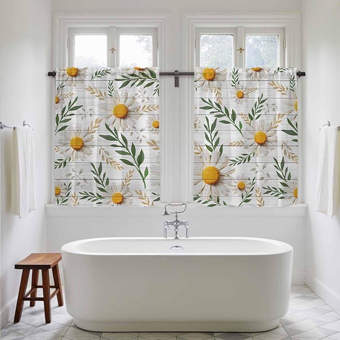 Spring Daisy Kitchen Curtains, Farmhouse Country Flower Leaf Plant Wood Grain Light Filtering Window Curtain Panels, 2Pcs Rod Pocket Window Treatments Set for Cabin Bathroom Bedroom 52x45 Inches