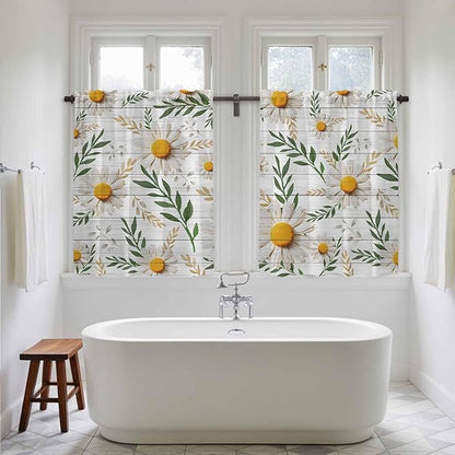 Spring Daisy Tier Curtains, Farmhouse Country Flower Leaf Plant Wood Grain Light Filtering Kitchen Curtains, 2Pcs Rod Pocket Half Window Treatments Panels for Sink Cafe Cabinet Basement 27.5x45 Inches