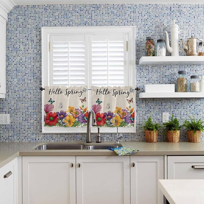 Spring Flowers Half Window Curtains 24 Inches Long, Farmhouse Vintage Country Colorful Floral Window Treatment Curtain Drapes, Short Curtains Tiers for Kitchen Over Sink, 27.5"x24", 2 Panels