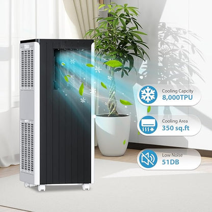 Portable AC Unit with 8000 BTU Cooling, Remote Control & 24-Hour Programmable Timer, Low-Noise Design for Rooms Up to 350 Sq.Ft, Ideal for Dorm or Office Use, Black and White Design