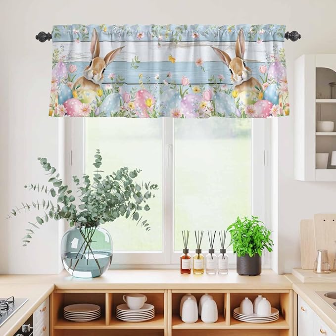 Kitchen Curtains Tiers and Valance Set of 3, Easter Light Filtering Window Curtain Set, Farmhouse Spring Rabbit Eggs Flowers Wooden Board Rod Pocket Curtain Drapes for Living Room, 36 Inches Tiers